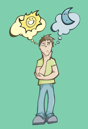Vector illustration of a man choosing between the day or the nightのイラスト素材