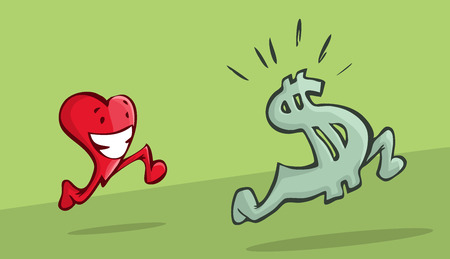 A beautiful illustration of a heart chasing a dollar sign. inflation concept.のイラスト素材