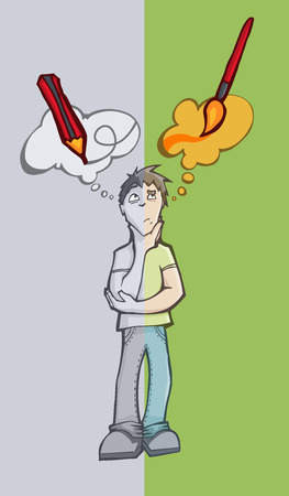 Stylish illustration of a man using a deciding Between black and white pencil or painting in color, with a brush.のイラスト素材