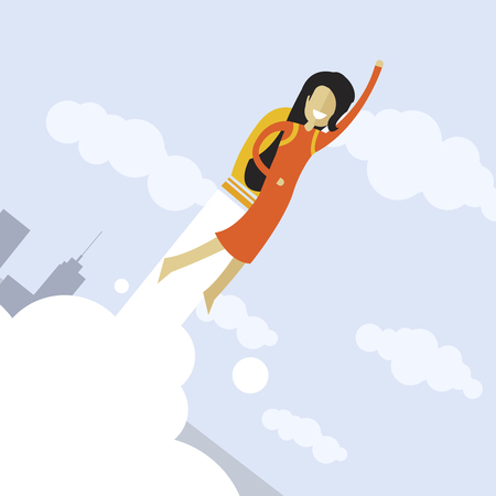 Happy businesswoman flying on jetpacks to his goal. Flying above the city. Successful people in business suit.のイラスト素材
