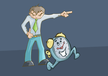 Angry man upset pointing to the left and a clock running.のイラスト素材