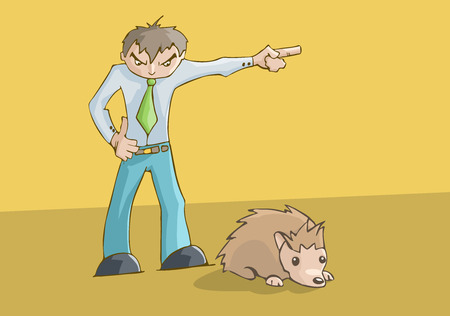 Angry man upset pointing to the left. cute hamster resting.のイラスト素材