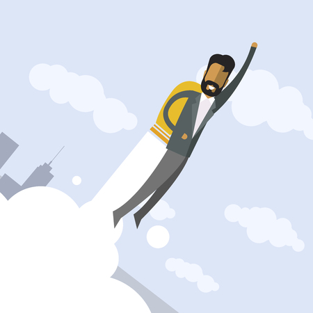 Happy indian businessman flying on jetpacks to his goal. Flying above the city. Successful people in business suit.のイラスト素材