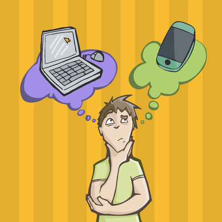 Man choosing between using a laptop computer or a mobile phoneのイラスト素材