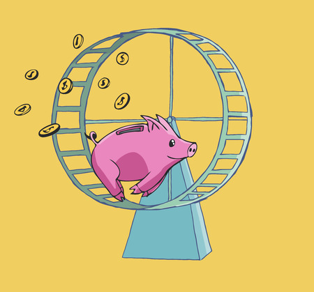 Piggy bank running on a Hamster wheel lossing his coinsのイラスト素材