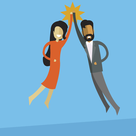 white business woman and indian business men doing high five. Teamwork and success concept.のイラスト素材