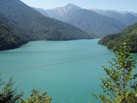 view on lake inguri between the mountains in georgiaの写真素材