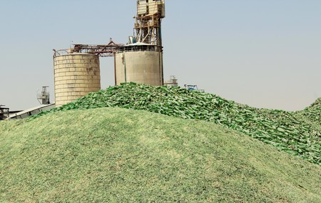 A mountain of small fragments of green glass from broken bottles for recycling near a Glass Bottles Factoryの写真素材