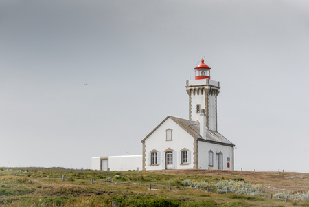 The white lighthouse of Les Poulains, at the northwestern tip of Belle-Ile, under a misty skyのeditorial素材