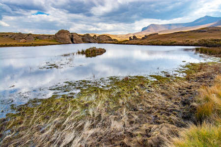 Travel to Lesotho. Algae and aquatic vegetation in a pond in Sehlabathebe National Parkの写真素材