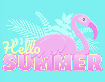 postcard. pink flamingo with tropical leaves. the inscription "Hello, SUMMER"のイラスト素材