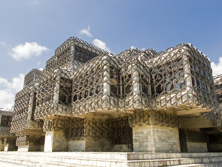 PRISTINA, KOSOVO - JUNE 2016: Unique National Library of the Republic of Kosovo in Pristina designed by Croatian architect Andrija Mutnjakovic, member of the Croatian Academy of Science and Arts.のeditorial素材