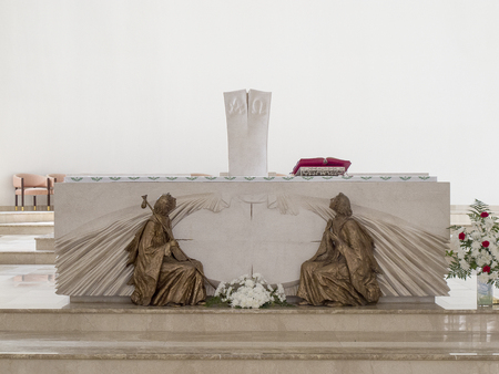 PRISTINA, KOSOVO - JUNE 2016: New altar in the interior of Roman Catholic Cathedral of Blessed Mother Teresa in Pristina, Kosovo.のeditorial素材