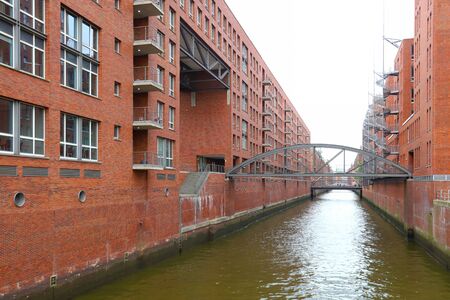 HAMBURG, GERMANY - MAY 2019 Hamburg City Old Red Brick Storage Houses on the Canals by the Sea 0364