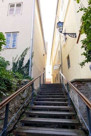 ZAGREB, CROATIA - SEPTEMBER 2019 Wooden stairs leading uphill 1747のeditorial素材