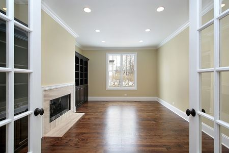 Library in new construction home with french doorsの写真素材