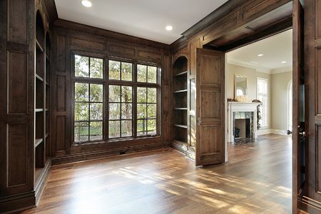 Library in new construction home with living room viewの写真素材