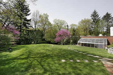 Back yard of luxury home with greenhouse during springの写真素材