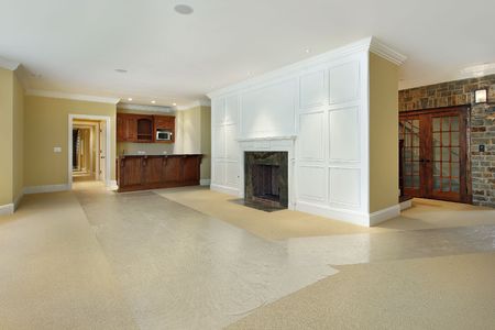 Basement of new construction home with fireplaceの写真素材