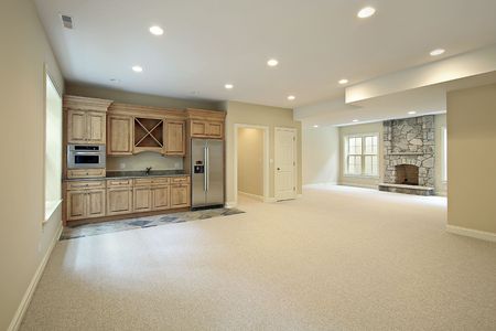 Basement of new construction home with fireplaceの写真素材