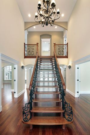Elaborate railing on stairway in new construction homeの写真素材