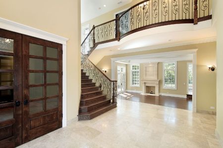 Foyer in new construction home with balconyの写真素材