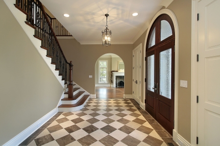 Foyer in new construction home with checkerboard floorの写真素材