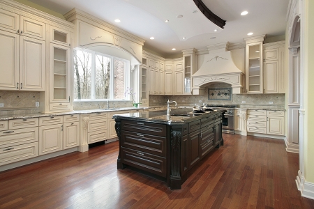 Large kitchen in new construction home with granite islandの写真素材