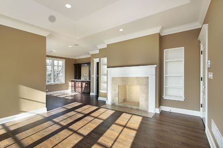 Master bedroom in new construction home with fireplaceの写真素材