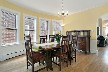 Dining room in suburban home with wood furnitureの写真素材