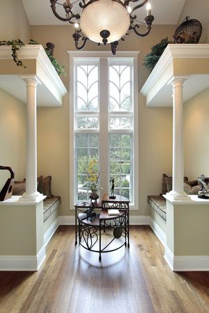 Sitting area in luxury home with two benchesの写真素材