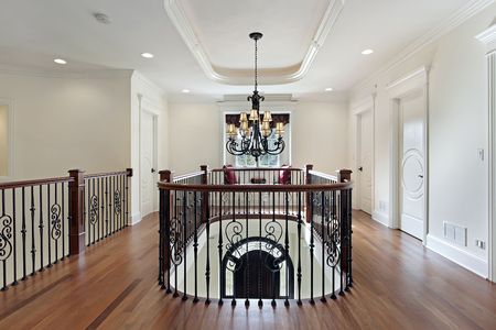 Second floor landing with wood and brass railingの写真素材
