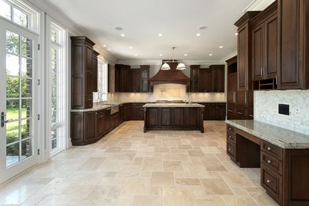Large kitchen in new construction home with wood cabinetryの写真素材