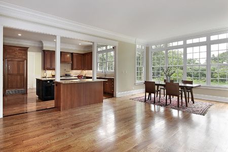 Kitchen and eating area in new construction homeの写真素材
