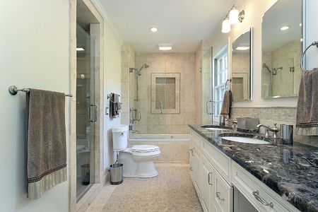 Master bath in contemporary home with glass showerの写真素材