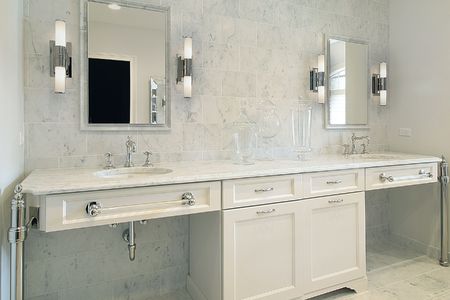 Close up of upscale master bath with white cabinetryの写真素材