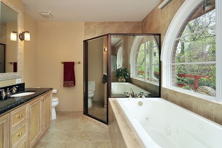 Master bath in suburban home with arched windowの写真素材