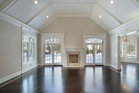 Family room in new construction home with outside viewの写真素材