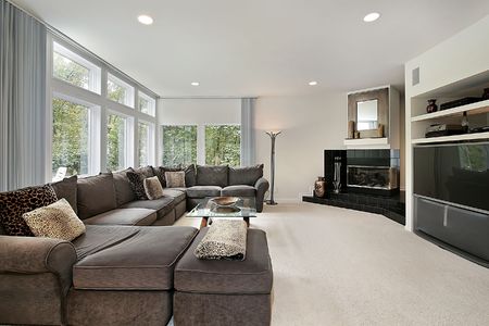 Family room in luxury home with black fireplaceの写真素材