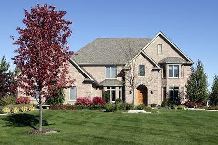 Large brick home in suburbs with arched entryの写真素材
