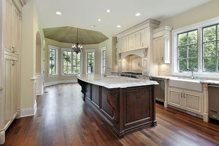 Kitchen in new construction home with islandの写真素材