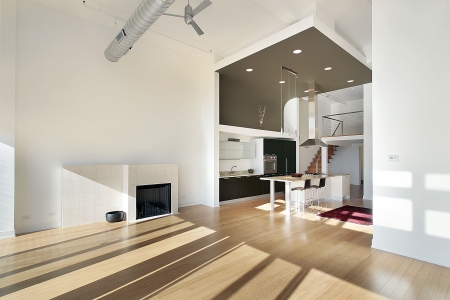 Contemporary kitchen in condominium with view from family roomの写真素材