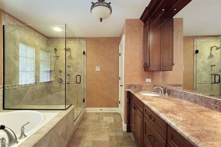 Master bath in new construction home with glass showerの写真素材