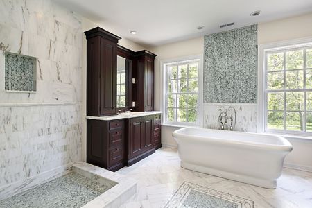 Master bath in new construction home with white tubの写真素材