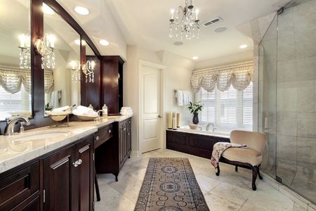 Master bath in new construction home with glass showerの写真素材