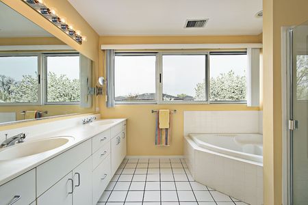 Master bath in home with yellow wallsの写真素材