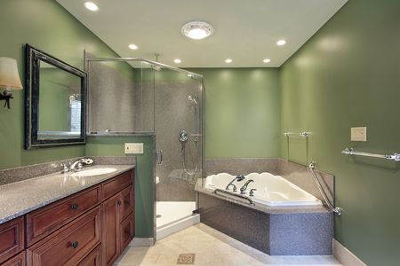 Master bath in suburban home witih green wallsの写真素材