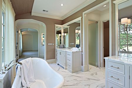 Master bath in new construction home with standalone tubの写真素材