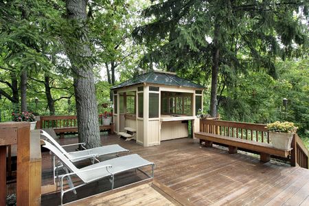 Wood deck surrounded by trees in luxury homeの写真素材