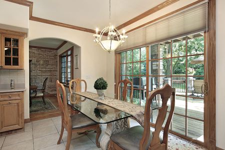 Eating area of kitchen with deck viewの写真素材